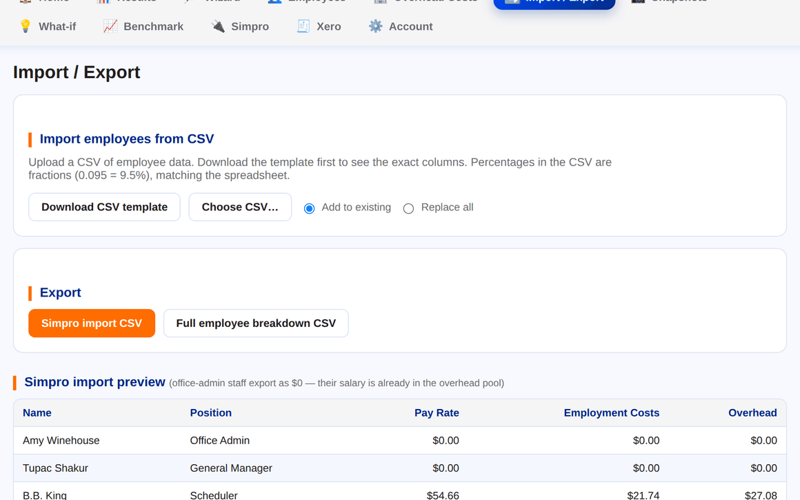Import from CSV or Simpro